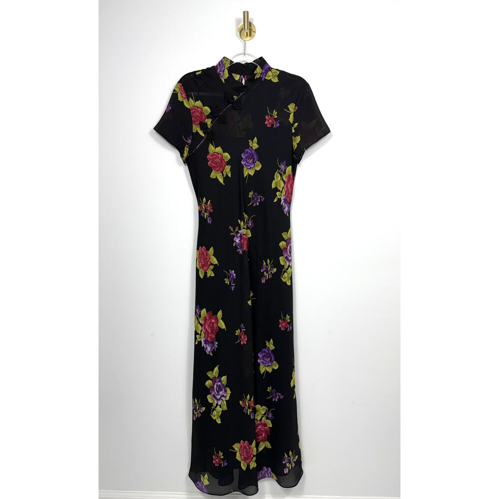 90s vintage Ronni Nicole black floral qipao cheongsam Sz 14 maxi dress - Picture 10 of 15
